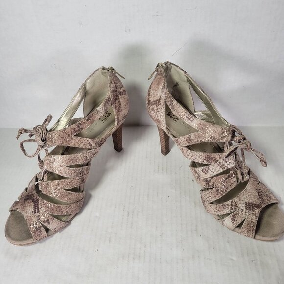 Ann Taylor Loft Snake Print Peep Toe Lace-Up Leather Heeled Sandals Womens 8M - Picture 6 of 9